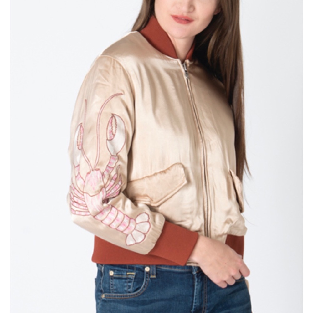 GANNI pastel pink embroidered sealife satin bomber jacket fully quilted lining